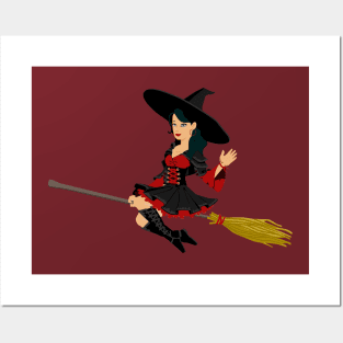 Broomstick Female Fictional Flying Girl Halloween Posters and Art